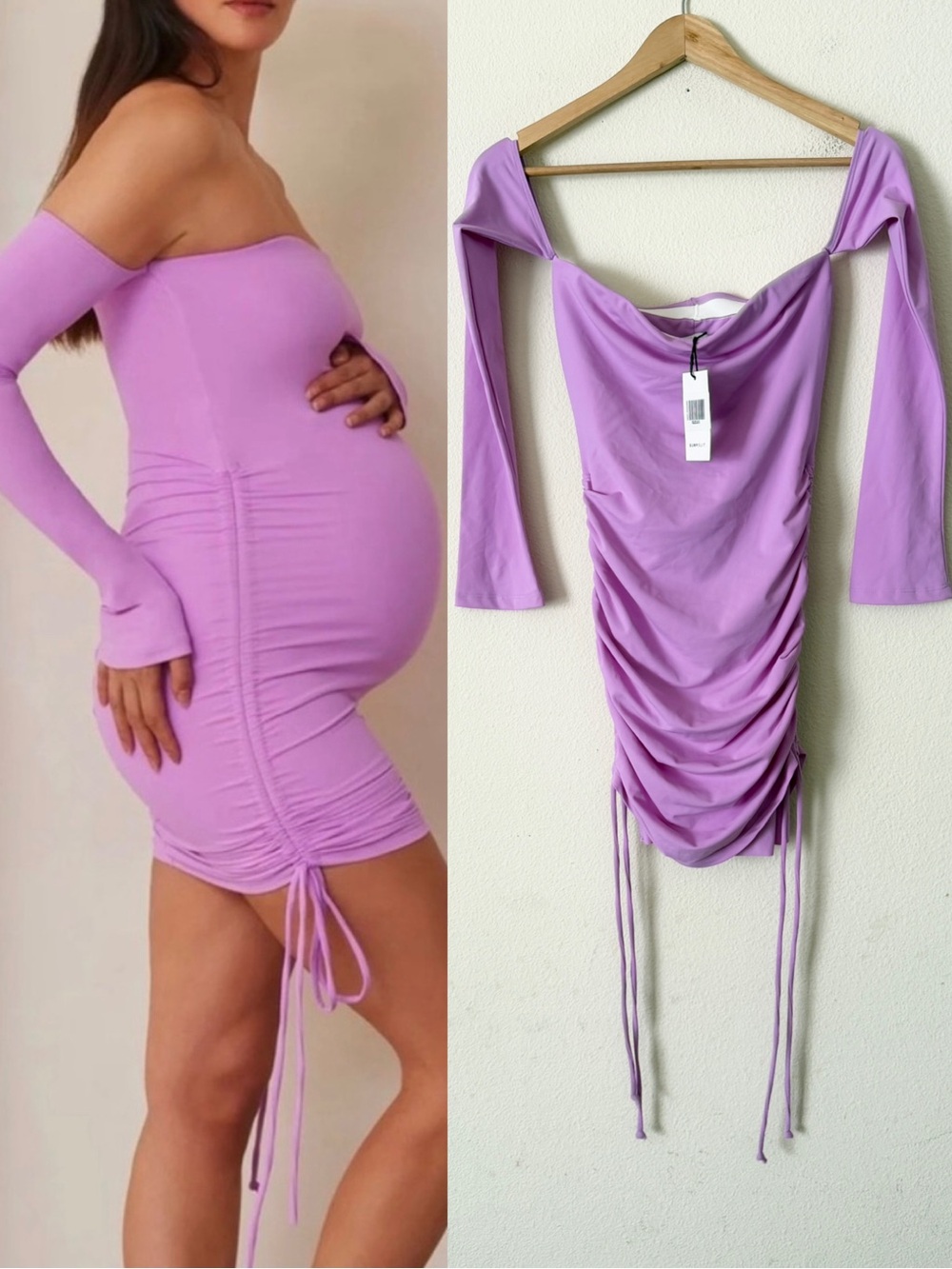NWT Bumpsuit SMALL Lexi off the shoulder long sleeve ruched mini dress in lilac